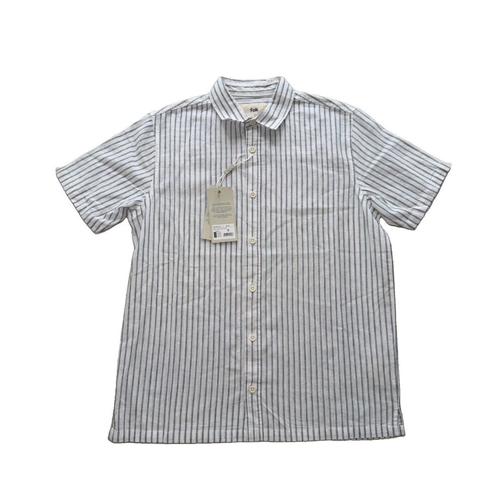 $182 NWT Folk Men's Linen Blend Blue Gray and Cream Vertical Stripe Camp Shirt